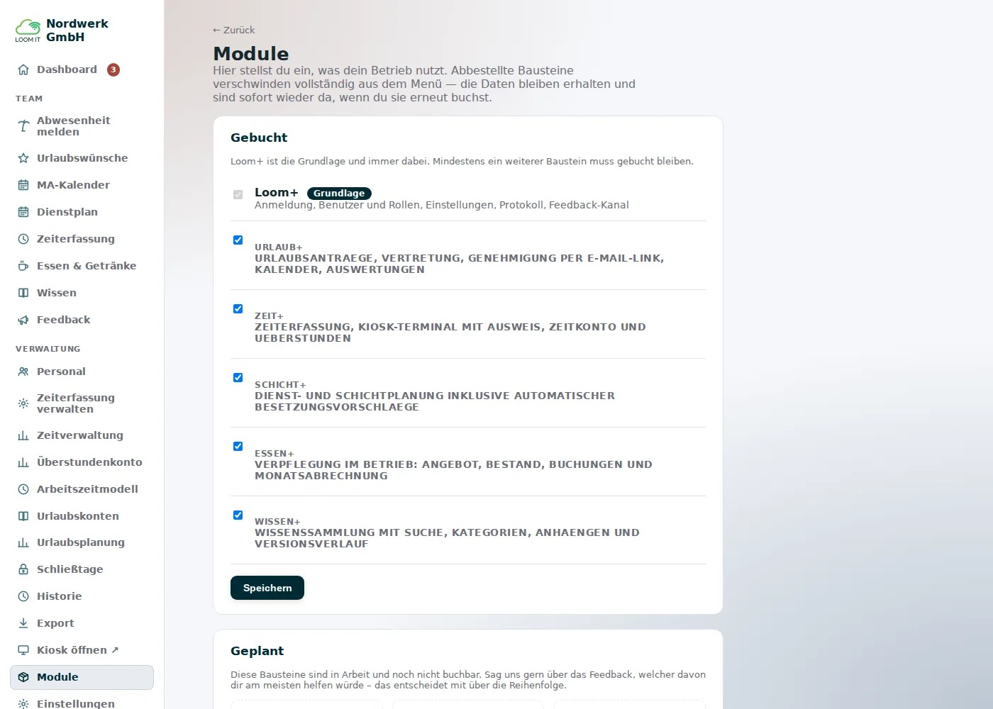 Verwaltungsseite zum Buchen und Abbestellen der Module