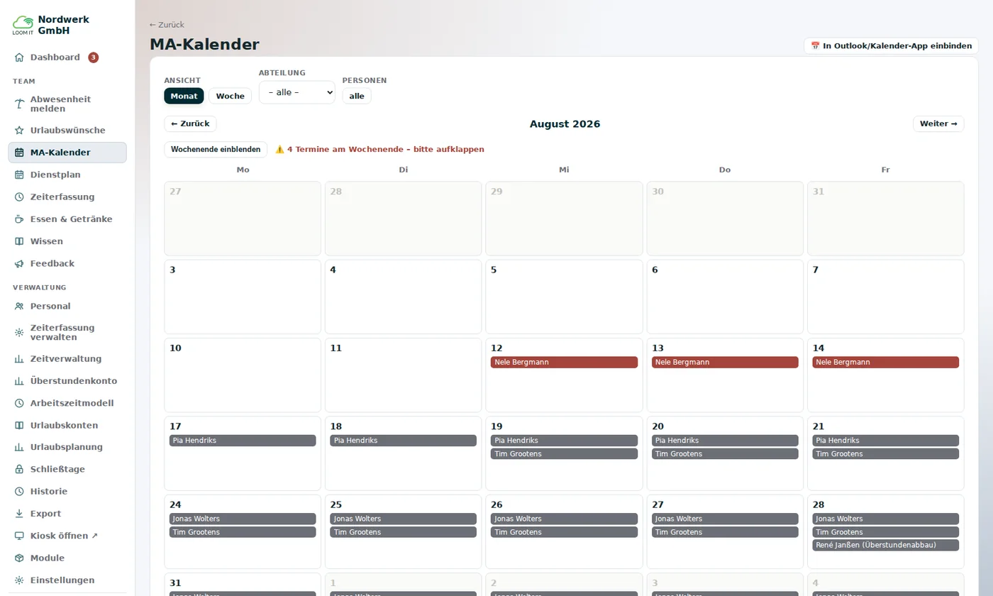 Monatskalender mit Abwesenheiten nach Abteilung