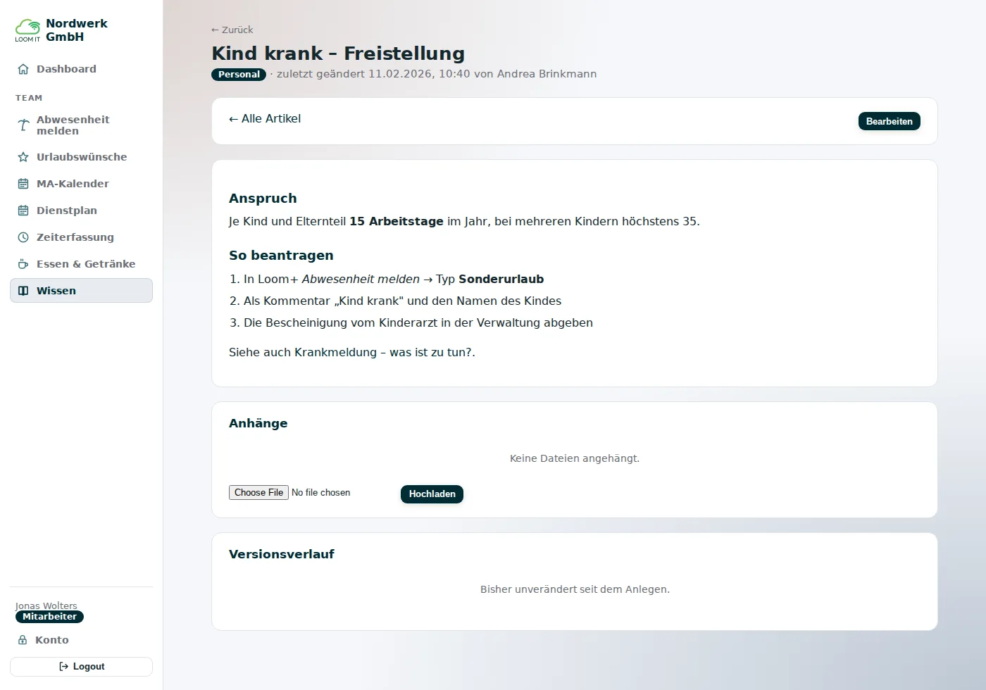 Einzelner Artikel mit Verlauf und Anhängen