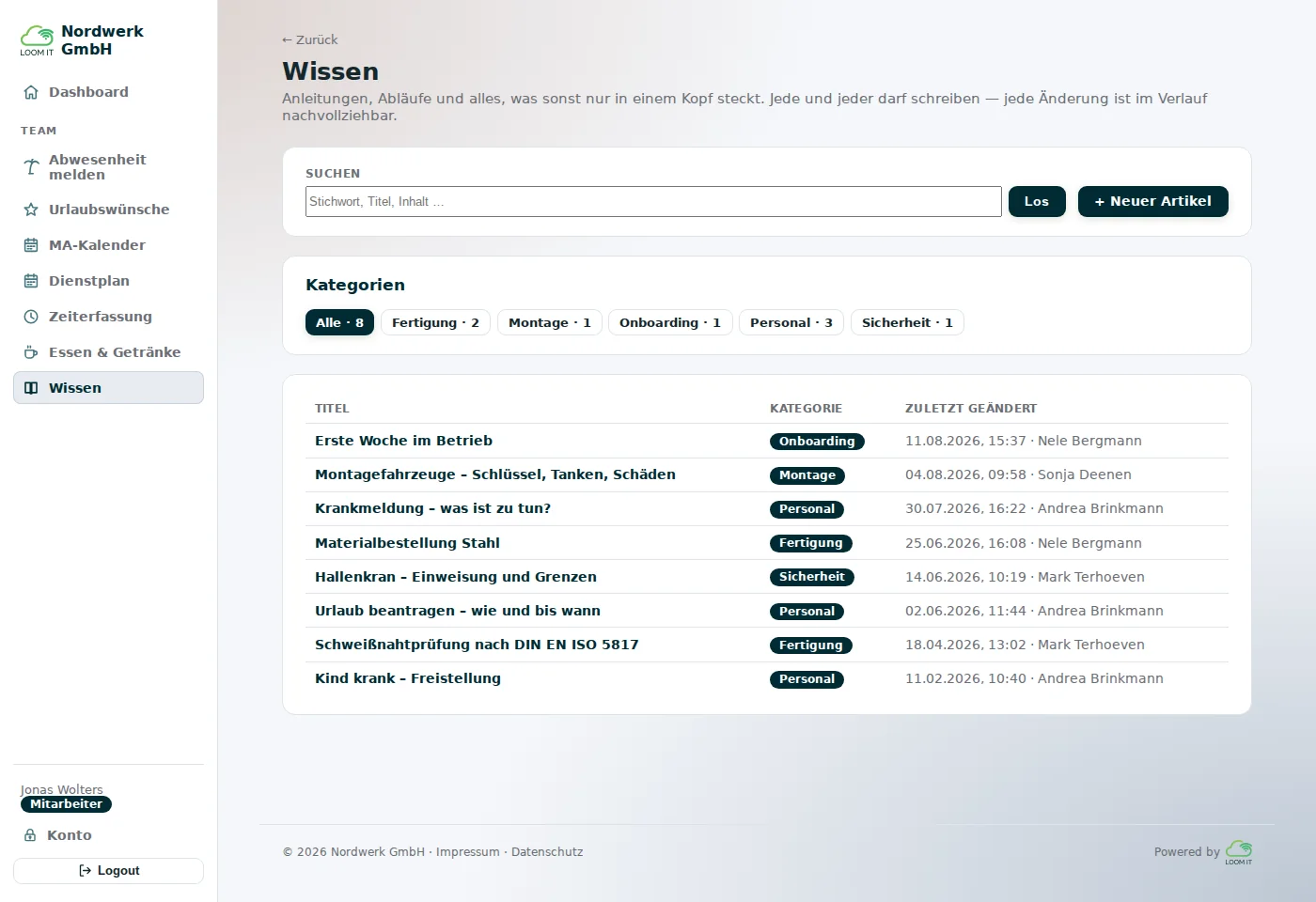Artikelliste mit Kategorien und Suche